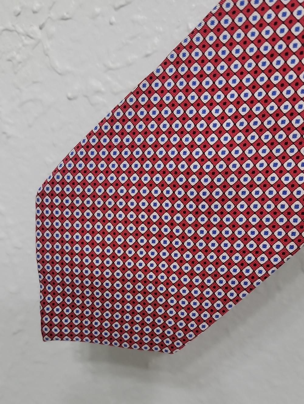 Ralph Lauren Red Geometric Silk Tie with Blue and White Accents